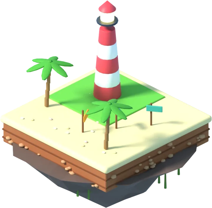 Ilha de areia com coqueiros e um farol